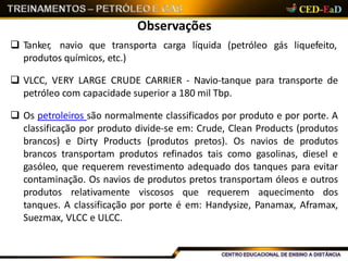 Observações
 Tanker, navio que transporta carga líquida (petróleo gás liquefeito,
produtos químicos, etc.)
 VLCC, VERY LARGE CRUDE CARRIER - Navio-tanque para transporte de
petróleo com capacidade superior a 180 mil Tbp.
 Os petroleiros são normalmente classificados por produto e por porte. A
classificação por produto divide-se em: Crude, Clean Products (produtos
brancos) e Dirty Products (produtos pretos). Os navios de produtos
brancos transportam produtos refinados tais como gasolinas, diesel e
gasóleo, que requerem revestimento adequado dos tanques para evitar
contaminação. Os navios de produtos pretos transportam óleos e outros
produtos relativamente viscosos que requerem aquecimento dos
tanques. A classificação por porte é em: Handysize, Panamax, Aframax,
Suezmax, VLCC e ULCC.
 