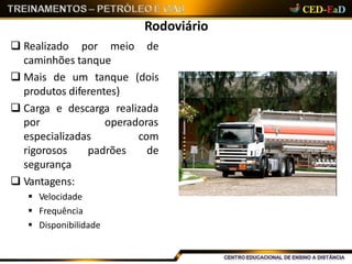 Rodoviário
 Realizado por meio de
caminhões tanque
 Mais de um tanque (dois
produtos diferentes)
 Carga e descarga realizada
por
especializadas
operadoras
com
padrões derigorosos
segurança
 Vantagens:
 Velocidade
 Frequência
 Disponibilidade
 