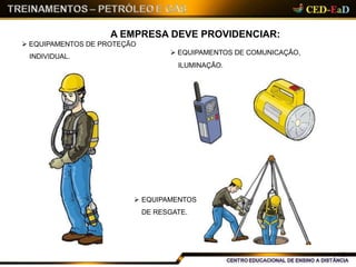 A EMPRESA DEVE PROVIDENCIAR:
 EQUIPAMENTOS DE COMUNICAÇÃO,
ILUMINAÇÃO.
 EQUIPAMENTOS DE PROTEÇÃO
INDIVIDUAL.
 EQUIPAMENTOS
DE RESGATE.
12
 