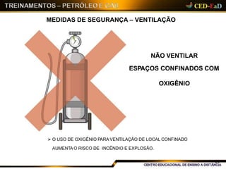 MEDIDAS DE SEGURANÇA – VENTILAÇÃO
 O USO DE OXIGÊNIO PARA VENTILAÇÃO DE LOCAL CONFINADO
AUMENTA O RISCO DE INCÊNDIO E EXPLOSÃO.
NÃO VENTILAR
ESPAÇOS CONFINADOS COM
OXIGÊNIO
24
 