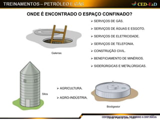 ONDE É ENCONTRADO O ESPAÇO CONFINADO?
 SERVIÇOS DE GÁS.
 SERVIÇOS DE ÁGUAS E ESGOTO.
 SERVIÇOS DE ELETRICIDADE.
 SERVIÇOS DE TELEFONIA.
 CONSTRUÇÃO CIVIL.
 BENEFICIAMENTO DE MINÉRIOS.
 SIDERÚRGICAS E METALÚRGICAS.
Galerias
 AGRICULTURA.
Silos
 AGRO-INDÚSTRIA.
Biodigestor
03
Fonte: Petit & Linn, 1987
 