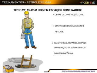  OBRAS DA CONSTRUÇÃO CIVIL.
TIPOS DE TRABALHOS EM ESPAÇOS CONFINADOS:
 MANUTENÇÃO, REPAROS, LIMPEZA
OU INSPEÇÃO DE EQUIPAMENTOS
OU RESERVATÓRIOS.
 OPERAÇÕES DE SALVAMENTO E
RESGATE.
04
 