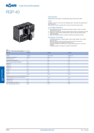 5082
Longstrokegripper
RGP
2-jaw long stroke gripper
RGP-40
APPLICATION
Sealed large-stroke gripper for handling large parts and high part variety.
TYPE
Available in sizes 30, 40 and 50 with integrated seal - optionally with gripping force
securing device.
High precision thanks to double-piston drive synchronized via gear wheel.
CUSTOMER BENEFITS
High gripping force with simultaneously high jaw stroke by means of double-
acting pressure pistons
High torque support for using long gripper fingers thanks to elongated jaw guide
Sealed for rough ambient conditions with quad-ring seal and highly precise
intermediate jaws
Maximum flexibility thanks to versatile connection and fastening options
TECHNICAL FEATURES
- Centrically clamping in compact design made of high-strength, hard-coated
aluminum alloy
- All functional parts made of hardened steel for maximum service life
- Optional inductive and magnetic position sensors
- Optionally available with FKM seals for higher temperatures up to 150°C (on
request)
- Integrated purge air connection to prevent contamination
C40
RGP-40 - 2-jaw long stroke gripper air operated
Item no. 170111 170112 170113
Design RGP 40 RGP 40-GA RGP 40-GI
Gripping force at 6 bar N 1260 1540 1380
Stroke per jaw mm 40 40 40
Gripping force maintained N - 150 150
Recommended workpiece weight kg 6,3 6,3 5,5
Weight kg 5,6 5,6 5,6
Width mm 171 171 171
Height mm 83 83 83
Depth mm 115 115 115
Mx Nm 50 50 50
My Nm 100 100 100
Mz Nm 70 70 70
Fz N 1100 1100 1100
Operating pressure min./max. without GA/GI bar 2-8 - -
Operating pressure min./max. with GA/GI bar - 5-6,5 5-6,5
Clamping time s 0,3 0,3 0,4
Opening time s 0,3 0,4 0,3
Air consumption per cycle cm3
240 240 240
Max. allowable length of jaw mm 200 150 150
   on requestwww.eshop.roehm.biz
 