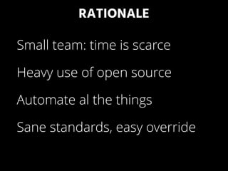 RATIONALE
Small team: time is scarce
Heavy use of open source
Automate al the things
Sane standards, easy override
 