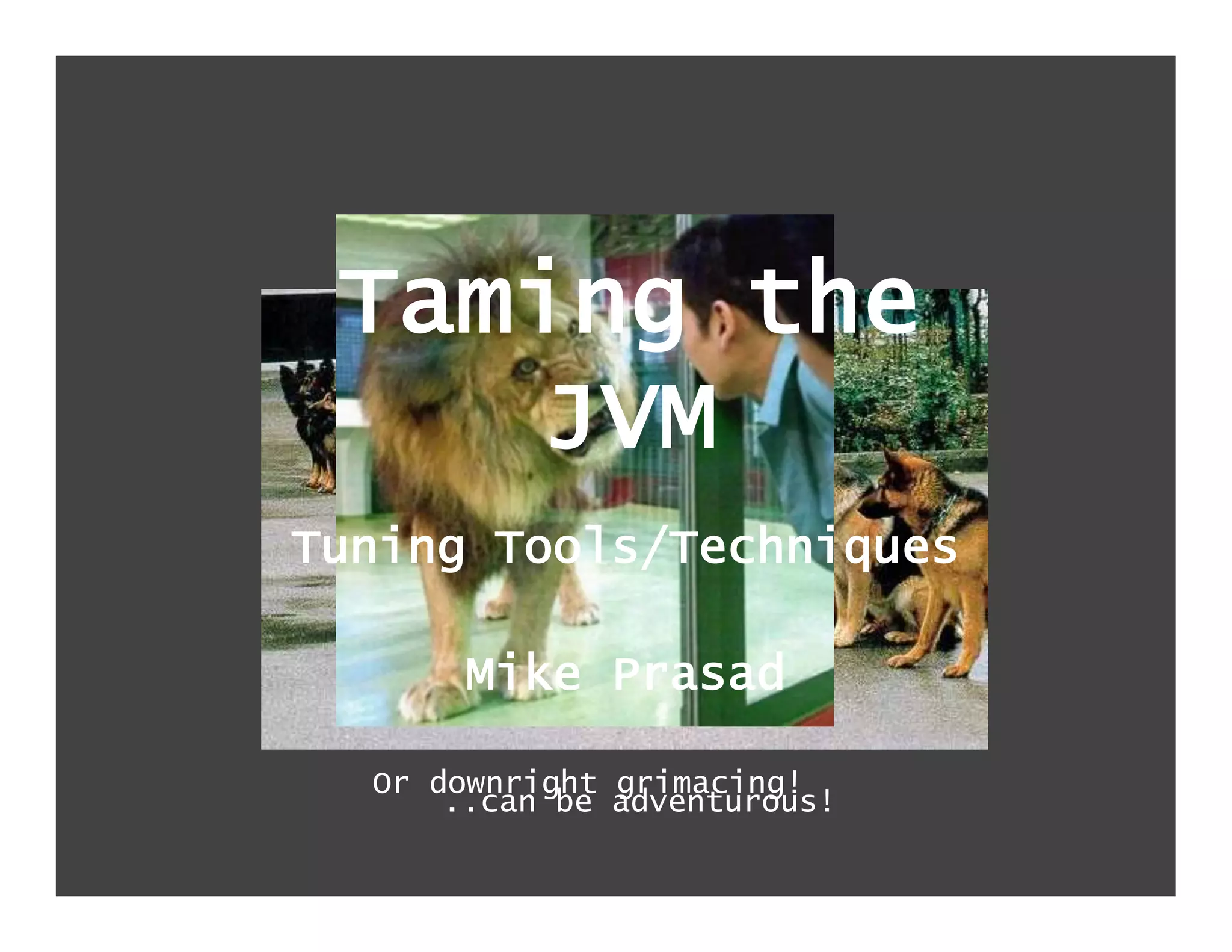 Taming the
     JVM
Tuning Tools/Techniques

       Mike Prasad

  Or downright grimacing!
      ..can be adventurous!
 