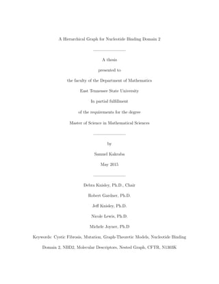 A Hierarchical Graph for Nucleotide Binding Domain 2
A thesis
presented to
the faculty of the Department of Mathematics
East Tennessee State University
In partial fulﬁllment
of the requirements for the degree
Master of Science in Mathematical Sciences
by
Samuel Kakraba
May 2015
Debra Knisley, Ph.D., Chair
Robert Gardner, Ph.D.
Jeﬀ Knisley, Ph.D.
Nicole Lewis, Ph.D.
Michele Joyner, Ph.D
Keywords: Cystic Fibrosis, Mutation, Graph-Theoretic Models, Nucleotide Binding
Domain 2, NBD2, Molecular Descriptors, Nested Graph, CFTR, N1303K
 
