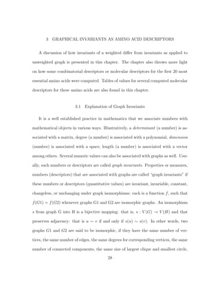 3 GRAPHICAL INVARIANTS AS AMINO ACID DESCRIPTORS
A discussion of how invariants of a weighted diﬀer from invariants as applied to
unweighted graph is presented in this chapter. The chapter also throws more light
on how some combinatorial descriptors or molecular descriptors for the ﬁrst 20 most
essential amino acids were computed. Tables of values for several computed molecular
descriptors for these amino acids are also found in this chapter.
3.1 Explanation of Graph Invariants
It is a well established practice in mathematics that we associate numbers with
mathematical objects in various ways. Illustratively, a determinant (a number) is as-
sociated with a matrix, degree (a number) is associated with a polynomial, dimension
(number) is associated with a space, length (a number) is associated with a vector
among others. Several numeric values can also be associated with graphs as well. Usu-
ally, such numbers or descriptors are called graph invariants. Properties or measures,
numbers (descriptors) that are associated with graphs are called “graph invariants” if
these numbers or descriptors (quantitative values) are invariant, invariable, constant,
changeless, or unchanging under graph isomorphisms: each is a function f, such that
f(G1) = f(G2) whenever graphs G1 and G2 are isomorphic graphs. An isomorphism
s from graph G into H is a bijective mapping: that is, s : V (G) → V (H) and that
preserves adjacency: that is u ∼ v if and only if s(u) ∼ s(v). In other words, two
graphs G1 and G2 are said to be isomorphic, if they have the same number of ver-
tices, the same number of edges, the same degrees for corresponding vertices, the same
number of connected components, the same size of largest clique and smallest circle,
28
 