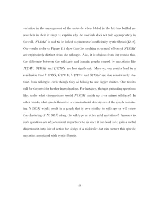 variation in the arrangement of the molecule when folded in the lab has baﬄed re-
searchers in their attempt to explain why the molecule does not fold appropriately in
the cell. N1303K is said to be linked to pancreatic insuﬃciency cystic ﬁbrosis[42, 8].
Our results (refer to Figure 11) show that the resulting structural eﬀects of N1303K
are expressively distinct from the wildtype. Also, it is obvious from our results that
the diﬀerence between the wildtype and domain graphs caused by mutations like
I1234V , S1345R and D1270N are less signiﬁcant. More so, our results lead to a
conclusion that Y 1219G, G1271E, V 1212W and S1235R are also considerably dis-
tinct from wildtype, even though they all belong to one bigger cluster. Our results
call for the need for further investigations. For instance, thought provoking questions
like, under what circumstance would N1303K match up to or mirror wildtype? In
other words, what graph-theoretic or combinatorial descriptors of the graph contain-
ing N1303K would result in a graph that is very similar to wildtype or will cause
the clustering of N1303K along the wildtype or other mild mutations? Answers to
such questions are of paramount importance to us since it can lead us to gain a useful
discernment into line of action for design of a molecule that can correct this speciﬁc
mutation associated with cystic ﬁbrosis.
48
 