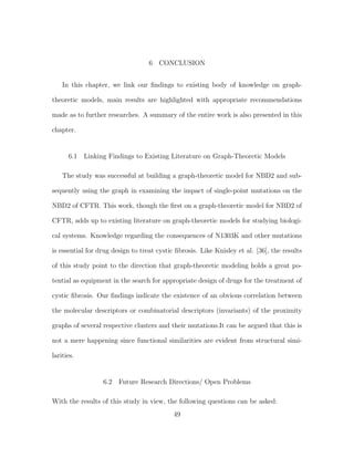 6 CONCLUSION
In this chapter, we link our ﬁndings to existing body of knowledge on graph-
theoretic models, main results are highlighted with appropriate recommendations
made as to further researches. A summary of the entire work is also presented in this
chapter.
6.1 Linking Findings to Existing Literature on Graph-Theoretic Models
The study was successful at building a graph-theoretic model for NBD2 and sub-
sequently using the graph in examining the impact of single-point mutations on the
NBD2 of CFTR. This work, though the ﬁrst on a graph-theoretic model for NBD2 of
CFTR, adds up to existing literature on graph-theoretic models for studying biologi-
cal systems. Knowledge regarding the consequences of N1303K and other mutations
is essential for drug design to treat cystic ﬁbrosis. Like Knisley et al. [36], the results
of this study point to the direction that graph-theoretic modeling holds a great po-
tential as equipment in the search for appropriate design of drugs for the treatment of
cystic ﬁbrosis. Our ﬁndings indicate the existence of an obvious correlation between
the molecular descriptors or combinatorial descriptors (invariants) of the proximity
graphs of several respective clusters and their mutations.It can be argued that this is
not a mere happening since functional similarities are evident from structural simi-
larities.
6.2 Future Research Directions/ Open Problems
With the results of this study in view, the following questions can be asked:
49
 