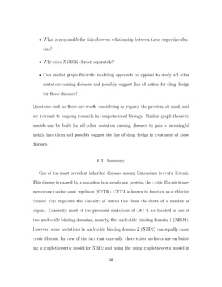 • What is responsible for this observed relationship between these respective clus-
ters?
• Why does N1303K cluster separately?
• Can similar graph-theoretic modeling approach be applied to study all other
mutation-causing diseases and possibly suggest line of action for drug design
for those diseases?
Questions such as these are worth considering as regards the problem at hand, and
are relevant to ongoing research in computational biology. Similar graph-theoretic
models can be built for all other mutation causing diseases to gain a meaningful
insight into them and possibly suggest the line of drug design in treatment of those
diseases.
6.3 Summary
One of the most prevalent inherited diseases among Caucasians is cystic ﬁbrosis.
This disease is caused by a mutation in a membrane protein, the cystic ﬁbrosis trans-
membrane conductance regulator (CFTR). CFTR is known to function as a chloride
channel that regulates the viscosity of mucus that lines the ducts of a number of
organs. Generally, most of the prevalent mutations of CFTR are located in one of
two nucleotide binding domains, namely, the nucleotide binding domain 1 (NBD1).
However, some mutations in nucleotide binding domain 2 (NBD2) can equally cause
cystic ﬁbrosis. In view of the fact that currently, there exists no literature on build-
ing a graph-theoretic model for NBD2 and using the using graph-theoretic model in
50
 