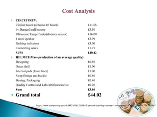  CIRCUITRTY.
Circiuit board (arduino R3 board) £13.68
9v Duracell cell battery £3.50
Ultrasonic Range finder(distance sensor) £16.00
1 mini speaker £2.99
flashing indicators £3.00
Connecting wires £1.25
SUM £40.42
 HELMET(Mass production of an average quality)
Designing £0.50
Outer shell £1.00
Internal pads (foam liner) £1.00
Strap fittings and buckle £0.50
Boxing, Packaging £0.40
Quality Control and Lab certification cost £0.20
Sum £3.60
 Grand total £44.02
http://www.computing.co.uk/IMG/616/209616/pound-sterling-money-coins-notes-370x229.gif?1328719861
 