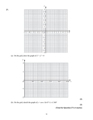 27.




      (a) On the grid, draw the graph of x2 + y2 = 4




                                                                                                   (2)
      (b) On the grid, sketch the graph of y = cos x for 0° ≤ x ≤ 360°
                                                                                                   (2)
                                                                    (Total for Question 27 is 4 marks)


                                                       36
 