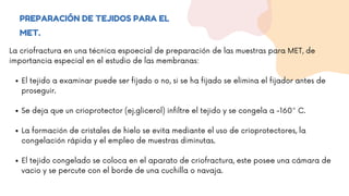 PREPARACIÓN DE TEJIDOS PARA EL
MET.
El tejido a examinar puede ser fijado o no, si se ha fijado se elimina el fijador antes de
proseguir.
Se deja que un crioprotector (ej.glicerol) infiltre el tejido y se congela a -160° C.
La formación de cristales de hielo se evita mediante el uso de crioprotectores, la
congelación rápida y el empleo de muestras diminutas.
El tejido congelado se coloca en el aparato de criofractura, este posee una cámara de
vacio y se percute con el borde de una cuchilla o navaja.
La criofractura en una técnica espoecial de preparación de las muestras para MET, de
importancia especial en el estudio de las membranas:
 