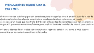 PREPARACIÓN DE TEJIDOS PARA EL
MEB Y MET.
El microscopio se puede equipar con detectores para recoger los rayos X emitidos cuando el haz de
electrones bombardea el corte y mediante el uso de analizadores adecuados, se puede
confeccionar un mapa que muestre la distribución el los cortes de elementos con un número atómico
mayor a 12 y una concentración suficiente para producir bastante cantidad de rayos X para analizar.
Por ende, además de ser usados como instrumentos "ópticos" tanto el MET como el MEB pueden
convertirse en herramientas analíticas sofisticadas.
 