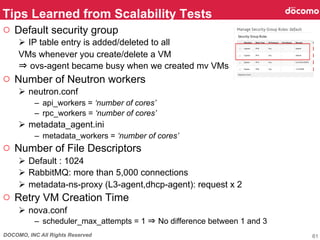 DOCOMO, INC All Rights Reserved
○  Default security group
Ø  IP table entry is added/deleted to all
VMs whenever you create/delete a VM
⇒ ovs-agent became busy when we created mv VMs
○  Number of Neutron workers
Ø  neutron.conf
–  api_workers = ‘number of cores’
–  rpc_workers = ‘number of cores’
Ø  metadata_agent.ini
–  metadata_workers = ‘number of cores’
○  Number of File Descriptors
Ø  Default : 1024
Ø  RabbitMQ: more than 5,000 connections
Ø  metadata-ns-proxy (L3-agent,dhcp-agent): request x 2
○  Retry VM Creation Time
Ø  nova.conf
–  scheduler_max_attempts = 1 ⇒ No difference between 1 and 3
Tips Learned from Scalability Tests	
61
 