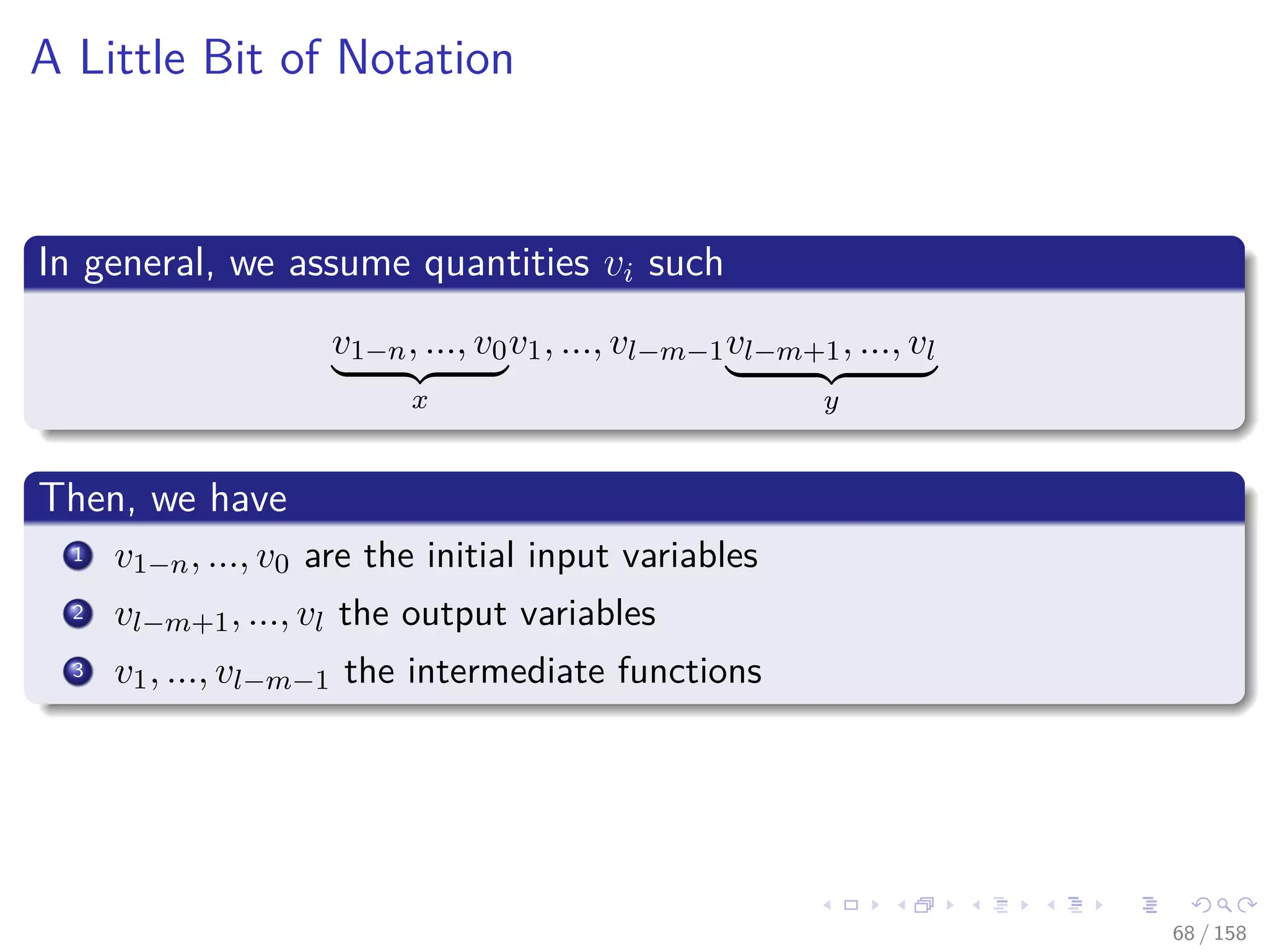 Images/cinvestav
A Little Bit of Notation
In general, we assume quantities vi such
v1−n, ..., v0
x
v1, ..., vl−m−1vl−m+1, ..., vl
y
Then, we have
1 v1−n, ..., v0 are the initial input variables
2 vl−m+1, ..., vl the output variables
3 v1, ..., vl−m−1 the intermediate functions
68 / 158
 