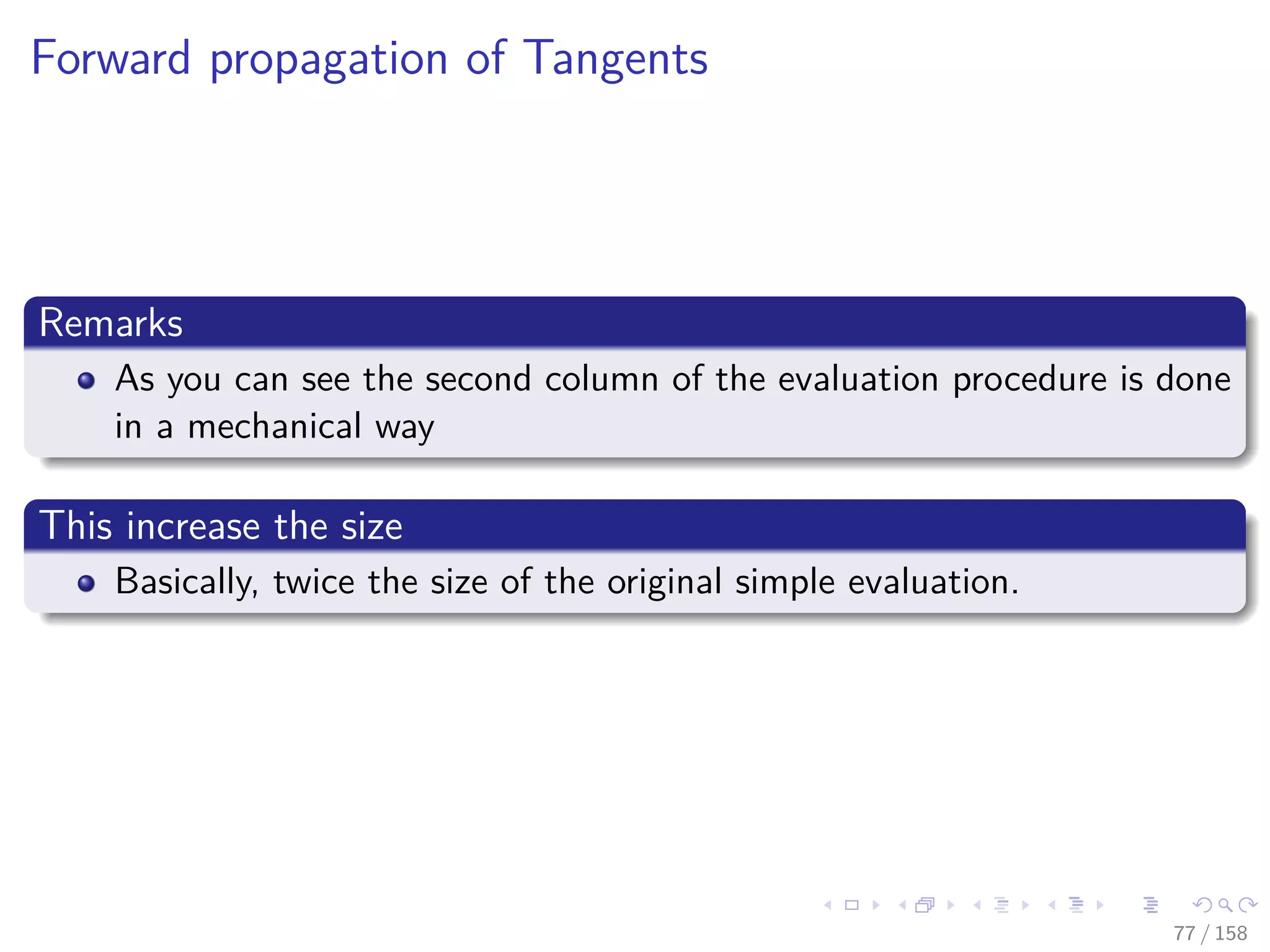 Images/cinvestav
Forward propagation of Tangents
Remarks
As you can see the second column of the evaluation procedure is done
in a mechanical way
This increase the size
Basically, twice the size of the original simple evaluation.
77 / 158
 