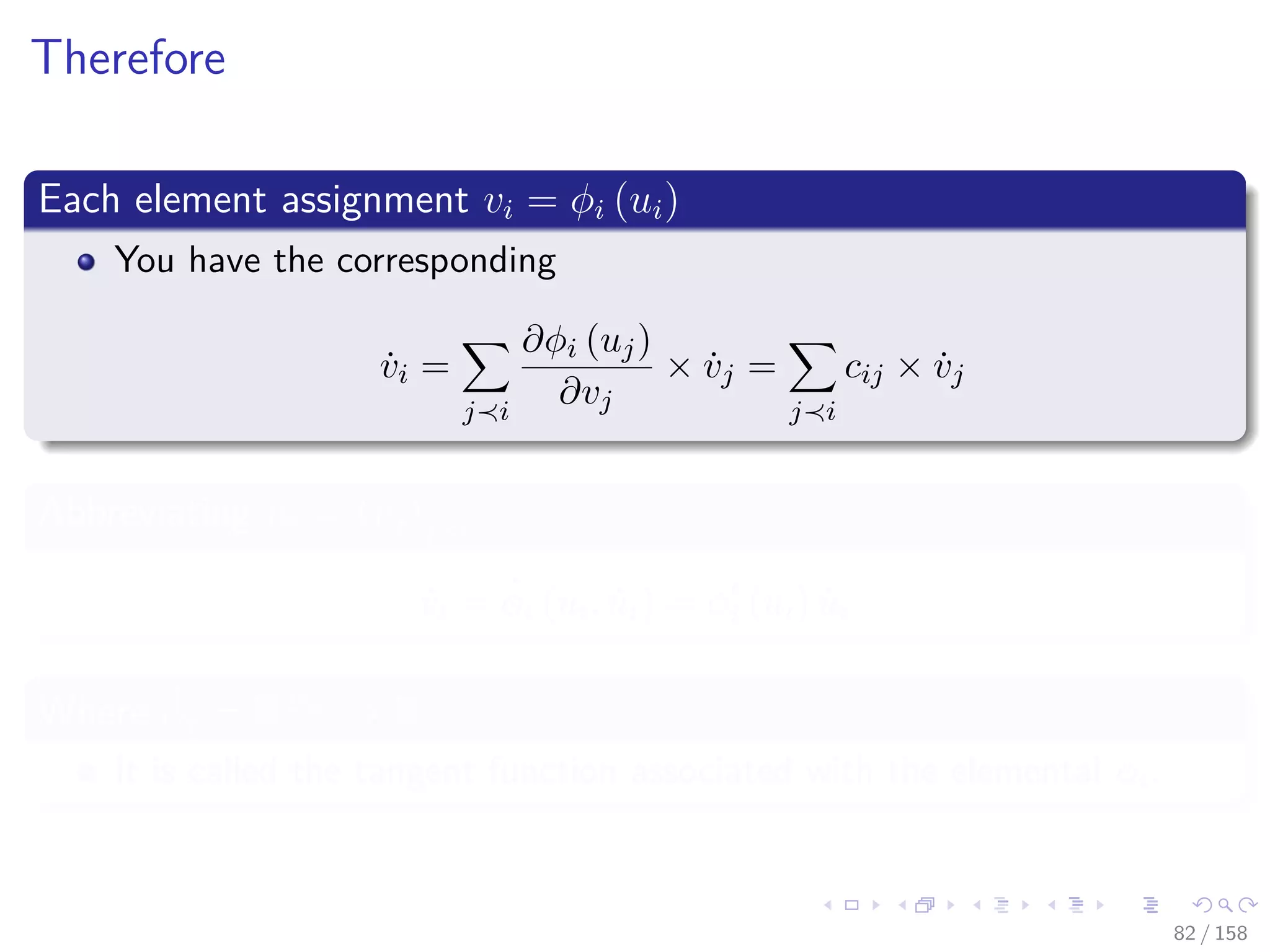 Images/cinvestav
Therefore
Each element assignment vi = φi (ui)
You have the corresponding
˙vi =
j i
∂φi (uj)
∂vj
× ˙vj =
j i
cij × ˙vj
Abbreviating ˙ui = (˙vj)j i
˙vi = ˙φi (ui, ˙ui) = φi (ui) ˙ui
Where ˙φi = R2ni
→ R
It is called the tangent function associated with the elemental φi.
82 / 158
 