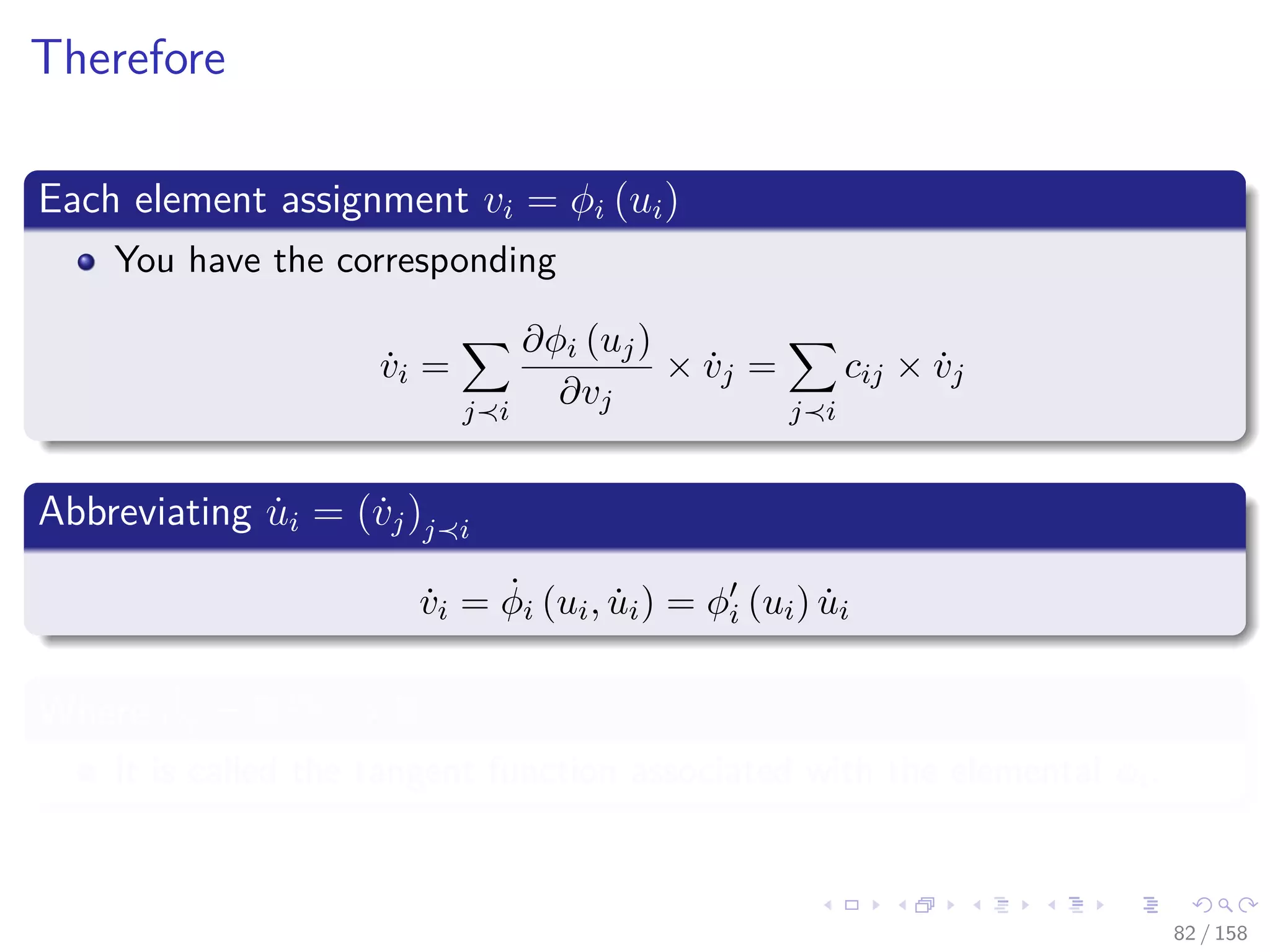Images/cinvestav
Therefore
Each element assignment vi = φi (ui)
You have the corresponding
˙vi =
j i
∂φi (uj)
∂vj
× ˙vj =
j i
cij × ˙vj
Abbreviating ˙ui = (˙vj)j i
˙vi = ˙φi (ui, ˙ui) = φi (ui) ˙ui
Where ˙φi = R2ni
→ R
It is called the tangent function associated with the elemental φi.
82 / 158
 