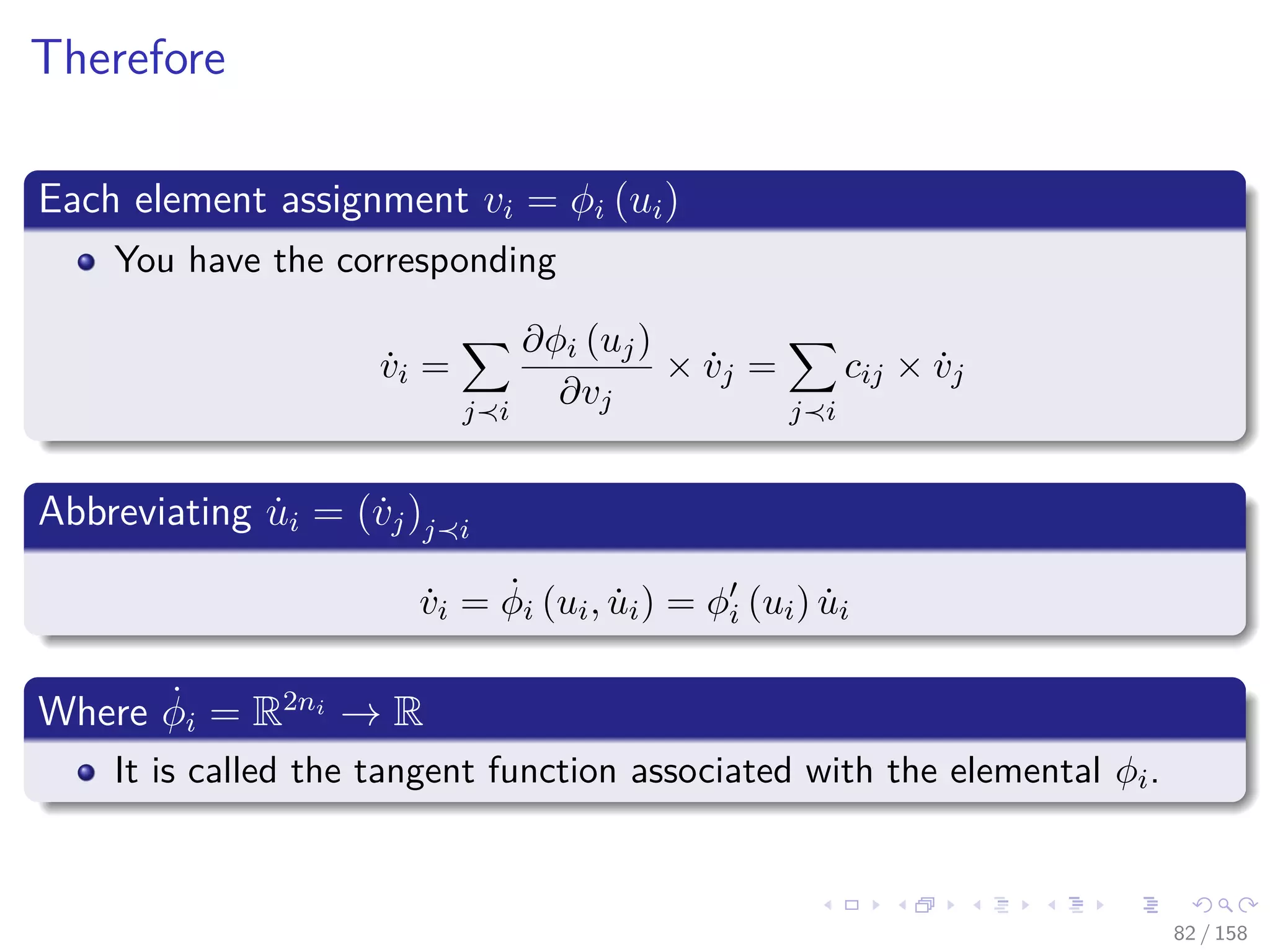 Images/cinvestav
Therefore
Each element assignment vi = φi (ui)
You have the corresponding
˙vi =
j i
∂φi (uj)
∂vj
× ˙vj =
j i
cij × ˙vj
Abbreviating ˙ui = (˙vj)j i
˙vi = ˙φi (ui, ˙ui) = φi (ui) ˙ui
Where ˙φi = R2ni
→ R
It is called the tangent function associated with the elemental φi.
82 / 158
 