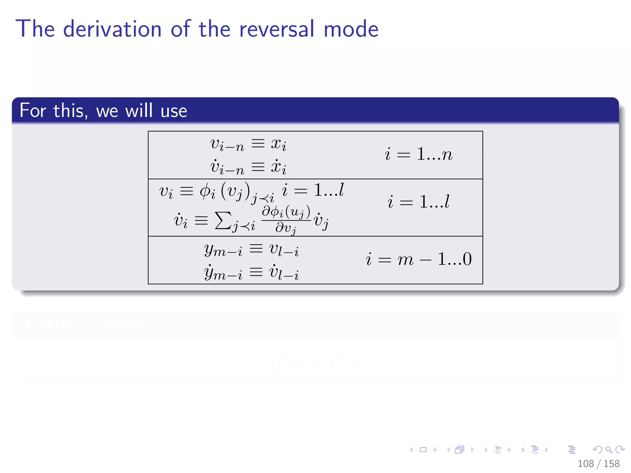 Images/cinvestav
The derivation of the reversal mode
For this, we will use
vi−n ≡ xi
i = 1...n
˙vi−n ≡ ˙xi
vi ≡ φi (vj)j i i = 1...l
i = 1...l
˙vi ≡ j i
∂φi(uj)
∂vj
˙vj
ym−i ≡ vl−i
i = m − 1...0
˙ym−i ≡ ˙vl−i
And the identity
yT
˙y = xT
˙x
108 / 158
 