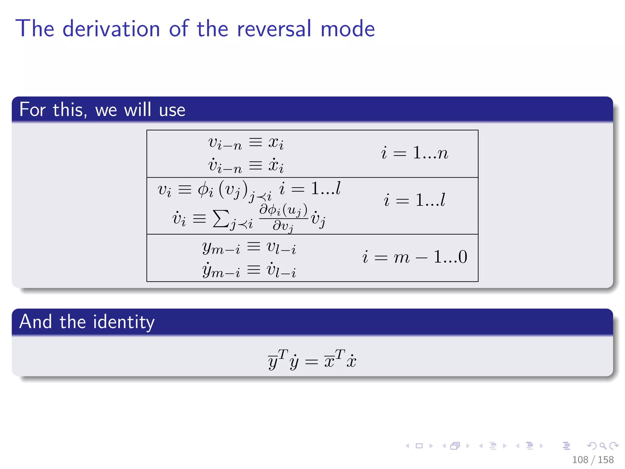 Images/cinvestav
The derivation of the reversal mode
For this, we will use
vi−n ≡ xi
i = 1...n
˙vi−n ≡ ˙xi
vi ≡ φi (vj)j i i = 1...l
i = 1...l
˙vi ≡ j i
∂φi(uj)
∂vj
˙vj
ym−i ≡ vl−i
i = m − 1...0
˙ym−i ≡ ˙vl−i
And the identity
yT
˙y = xT
˙x
108 / 158
 