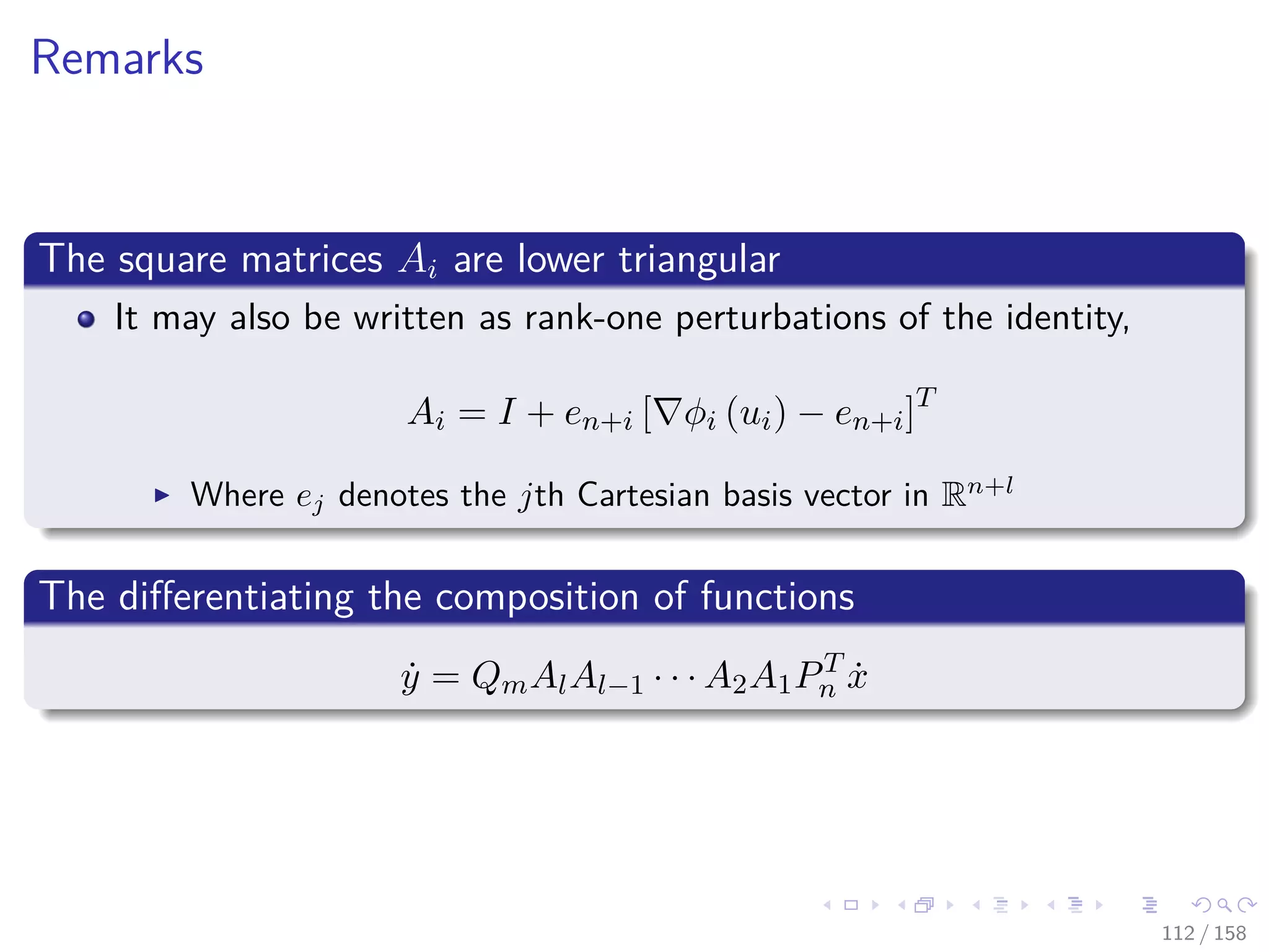 Images/cinvestav
Remarks
The square matrices Ai are lower triangular
It may also be written as rank-one perturbations of the identity,
Ai = I + en+i [ φi (ui) − en+i]T
Where ej denotes the jth Cartesian basis vector in Rn+l
The diﬀerentiating the composition of functions
˙y = QmAlAl−1 · · · A2A1PT
n ˙x
112 / 158
 
