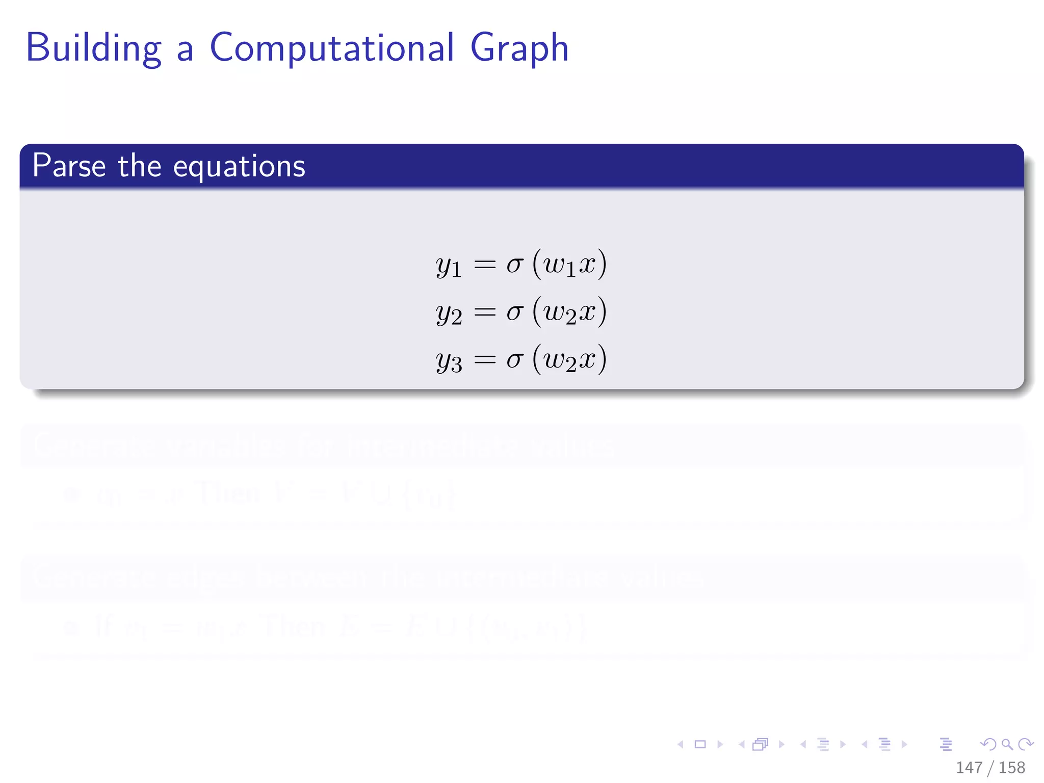 Images/cinvestav
Building a Computational Graph
Parse the equations
y1 = σ (w1x)
y2 = σ (w2x)
y3 = σ (w2x)
Generate variables for intermediate values
v0 = x Then V = V ∪ {v0}
Generate edges between the intermediate values
If v1 = w1x Then E = E ∪ { v0, v1 }
147 / 158
 