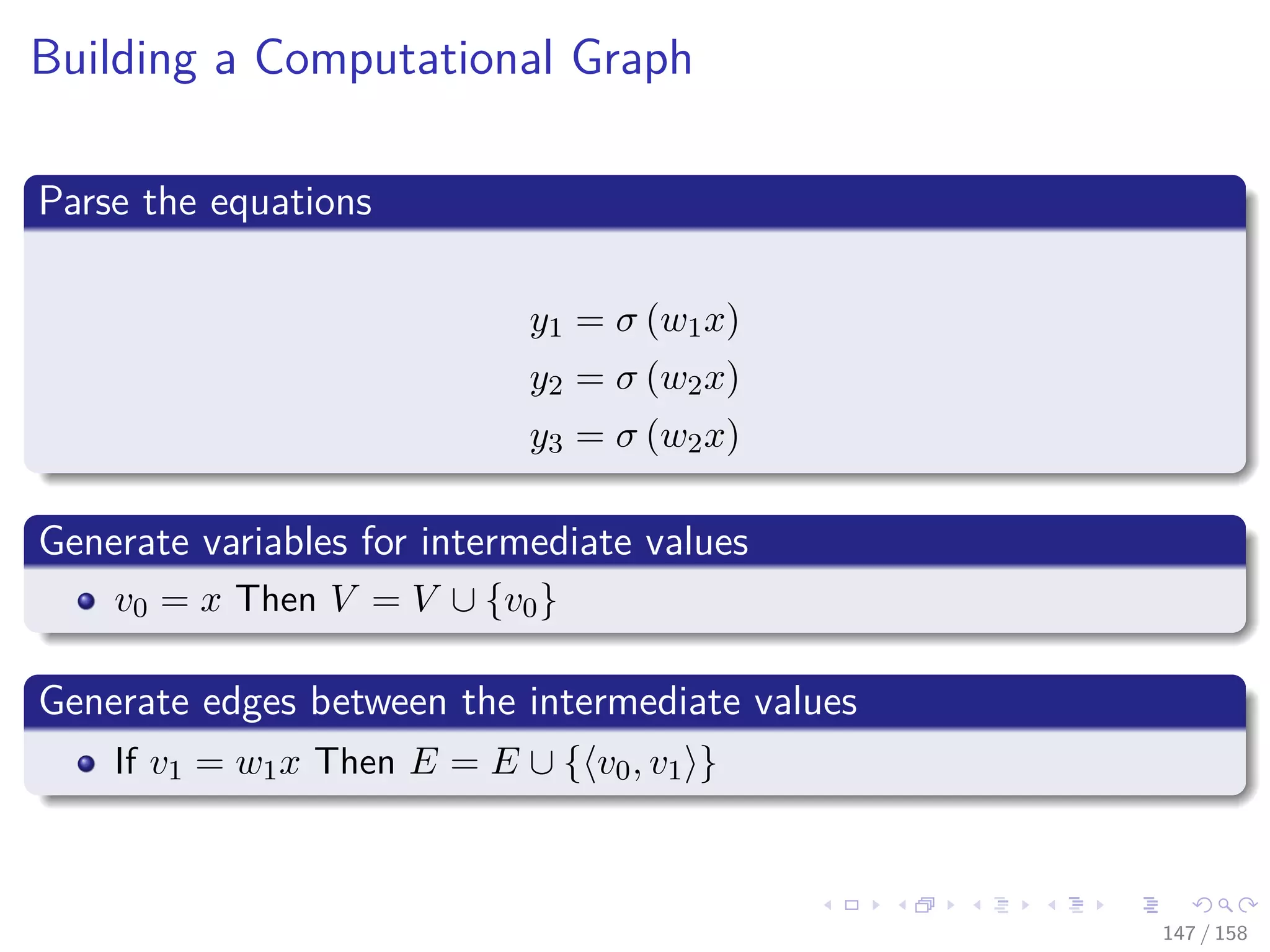 Images/cinvestav
Building a Computational Graph
Parse the equations
y1 = σ (w1x)
y2 = σ (w2x)
y3 = σ (w2x)
Generate variables for intermediate values
v0 = x Then V = V ∪ {v0}
Generate edges between the intermediate values
If v1 = w1x Then E = E ∪ { v0, v1 }
147 / 158
 