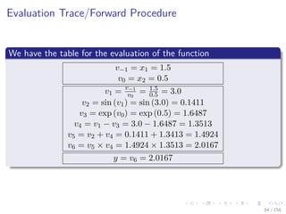 Images/cinvestav
Evaluation Trace/Forward Procedure
We have the table for the evaluation of the function
v−1 = x1 = 1.5
v0 = x2 = 0.5
v1 = v−1
v0
= 1.5
0.5 = 3.0
v2 = sin (v1) = sin (3.0) = 0.1411
v3 = exp (v0) = exp (0.5) = 1.6487
v4 = v1 − v3 = 3.0 − 1.6487 = 1.3513
v5 = v2 + v4 = 0.1411 + 1.3413 = 1.4924
v6 = v5 × v4 = 1.4924 × 1.3513 = 2.0167
y = v6 = 2.0167
64 / 158
 