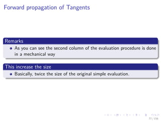 Images/cinvestav
Forward propagation of Tangents
Remarks
As you can see the second column of the evaluation procedure is done
in a mechanical way
This increase the size
Basically, twice the size of the original simple evaluation.
77 / 158
 
