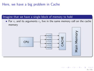 Images/cinvestav
Here, we have a big problem in Cache
Imagine that we have a single block of memory to hold
For vi and its arguments vj live in the same memory cell on the cache
memory
CPU
Register
Register
Register
Register
CACHE
MainMemory
85 / 158
 