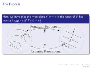 Images/cinvestav
The Process
Here, we have that the hyperplane yT
y = c in the range of F has
inverse image x|yT
F (x) = c
Forward Procedure
Reverse Procedure
106 / 158
 