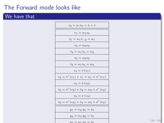 Images/cinvestav
The Forward mode looks like
We have that
v0 = x; ˙v0 = ˙x = 1
v1 = w1v0
˙v1 = w1 ˙v−2 = w1
v2 = w2v0
˙v2 = w1 ˙v0 = w2
v3 = w3v0
˙v3 = w1 ˙v0 = w3
v4 = σ (v1)
˙v4 = σ (v1) × ˙v1 = w1 × σ (v1)
v5 = σ (v2)
˙v5 = σ (v2) × ˙v2 = w2 × σ (v2)
v6 = σ (v3)
˙v6 = σ (v3) × ˙v3 = w3 × σ (v3)
y1 = v4; ˙y1 = ˙v4
y2 = v5; ˙y2 = ˙v5
y = v ; ˙y = ˙v
134 / 158
 