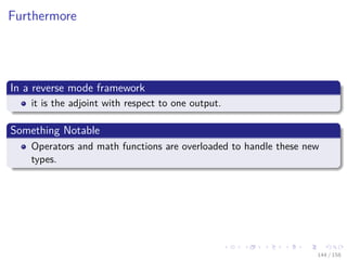 Images/cinvestav
Furthermore
In a reverse mode framework
it is the adjoint with respect to one output.
Something Notable
Operators and math functions are overloaded to handle these new
types.
144 / 158
 