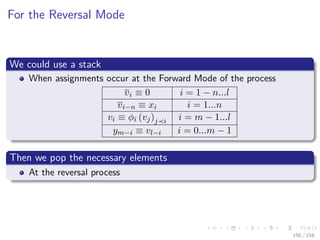 Images/cinvestav
For the Reversal Mode
We could use a stack
When assignments occur at the Forward Mode of the process
vi ≡ 0 i = 1 − n...l
vi−n ≡ xi i = 1...n
vi ≡ φi (vj)j i i = m − 1...l
ym−i ≡ vl−i i = 0...m − 1
Then we pop the necessary elements
At the reversal process
150 / 158
 