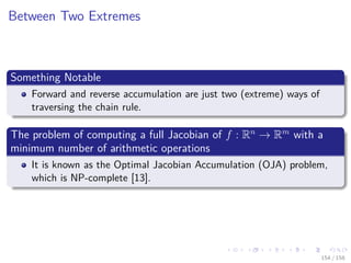 Images/cinvestav
Between Two Extremes
Something Notable
Forward and reverse accumulation are just two (extreme) ways of
traversing the chain rule.
The problem of computing a full Jacobian of f : Rn
→ Rm
with a
minimum number of arithmetic operations
It is known as the Optimal Jacobian Accumulation (OJA) problem,
which is NP-complete [13].
154 / 158
 