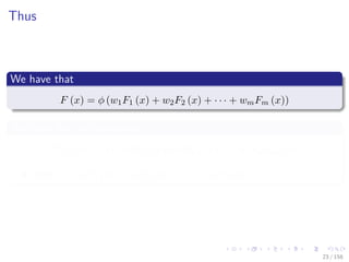 Images/cinvestav
Thus
We have that
F (x) = φ (w1F1 (x) + w2F2 (x) + · · · + wmFm (x))
We have that the derivative
F (x) = φ (s) w1F1 (x) + w2F2 (x) + · · · + wmFm (x)
With s = w1F1 (x) + w2F2 (x) + · · · + wmFm (x)
23 / 158
 