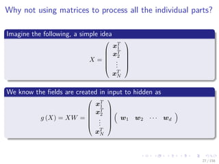 Images/cinvestav
Why not using matrices to process all the individual parts?
Imagine the following, a simple idea
X =






xT
1
xT
2
...
xT
N






We know the ﬁelds are created in input to hidden as
g (X) = XW =






xT
1
xT
2
...
xT
N






w1 w2 · · · wd
27 / 158
 