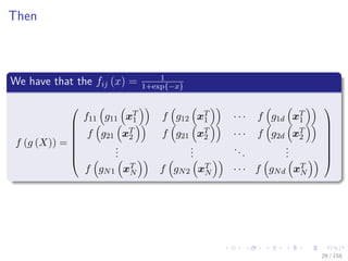 Images/cinvestav
Then
We have that the fij (x) = 1
1+exp{−x}
f (g (X)) =








f11 g11 xT
1 f g12 xT
1 · · · f g1d xT
1
f g21 xT
2 f g21 xT
2 · · · f g2d xT
2
...
...
...
...
f gN1 xT
N f gN2 xT
N · · · f gNd xT
N








29 / 158
 