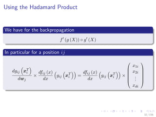 Images/cinvestav
Using the Hadamard Product
We have for the backpropagation
f (g (X)) ◦ g (X)
In particular for a position ij
dgij xT
i
dwj
×
dfij (x)
dx
gij xT
i =
dfij (x)
dx
gij xT
i ×






x1i
x2i
...
xdi






32 / 158
 