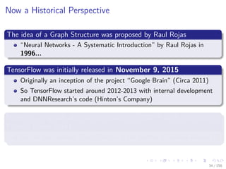 Images/cinvestav
Now a Historical Perspective
The idea of a Graph Structure was proposed by Raul Rojas
“Neural Networks - A Systematic Introduction” by Raul Rojas in
1996...
TensorFlow was initially released in November 9, 2015
Originally an inception of the project “Google Brain” (Circa 2011)
So TensorFlow started around 2012-2013 with internal development
and DNNResearch’s code (Hinton’s Company)
However, the graph idea was introduced in 2002 in torch, the basis of
Pytorch (Circa 2016)
One of the creators, Samy Bengio, is the brother of Joshua Bengio [3]
34 / 158
 