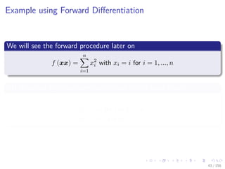 Images/cinvestav
Example using Forward Diﬀerentiation
We will see the forward procedure later on
f (xx) =
n
i=1
x2
i with xi = i for i = 1, ..., n
AD Initializes (Do not worry we will see this in more detail)
vi−n =i for i = 1, ..., n
˙vi−n =0, but ˙v1−n = 1
43 / 158
 