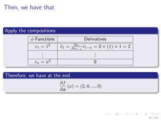 Images/cinvestav
Then, we have that
Apply the compositions
φ Functions Derivatives
v1 = 12 ˙v1 = ∂v1
∂v1−n
˙v1−n = 2 × (1) × 1 = 2
...
...
vn = n2 0
Therefore, we have at the end
∂f
∂x
(x) = (2, 0, ..., 0)
44 / 158
 