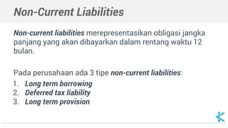Non-Current Liabilities
Non-current liabilities merepresentasikan obligasi jangka
panjang yang akan dibayarkan dalam rentang waktu 12
bulan.
Pada perusahaan ada 3 tipe non-current liabilities:
1. Long term borrowing
2. Deferred tax liability
3. Long term provision
 