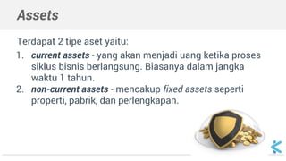 Assets
Terdapat 2 tipe aset yaitu:
1. current assets - yang akan menjadi uang ketika proses
siklus bisnis berlangsung. Biasanya dalam jangka
waktu 1 tahun.
2. non-current assets - mencakup fixed assets seperti
properti, pabrik, dan perlengkapan.
 