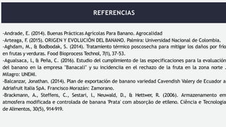 REFERENCIAS
-Andrade, E. (2014). Buenas Prácticas Agrícolas Para Banano. Agrocalidad
-Arteaga, F
. (2015). ORIGEN Y EVOLUCIÓN DEL BANANO. Palmira: Universidad Nacional de Colombia.
-Aghdam, M., & Bodbodak, S. (2014). Tratamiento térmico poscosecha para mitigar los daños por frío
en frutas y verduras. Food Bioprocess Technol, 7(1), 37-53.
-Agualsaca, I., & Peña, C. (2016). Estudio del cumplimiento de las especificaciones para la evaluación
del banano en la empresa "Banacali" y su incidenciia en el rechazo de la fruta en la zona norte .
Milagro: UNEMI.
-Balcanzar, Jonathan. (2014). Plan de exportación de banano variedad Cavendish Valery de Ecuador a
Adriafruit Italia SpA. Francisco Morazán: Zamorano.
-Brackmann, A., Steffens, C., Sestari, I., Neuwald, D., & Hettwer, R. (2006). Armazenamento em
atmosfera modificada e controlada de banana 'Prata' com absorção de etileno. Ciência e Tecnologia
de Alimentos, 30(5), 914-919.
 