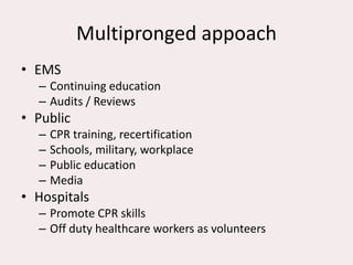 Multipronged appoach
• EMS
– Continuing education
– Audits / Reviews
• Public
– CPR training, recertification
– Schools, military, workplace
– Public education
– Media
• Hospitals
– Promote CPR skills
– Off duty healthcare workers as volunteers
 