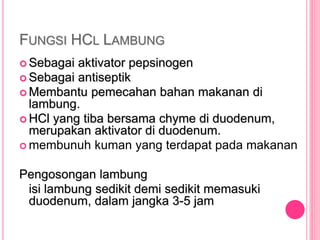 FUNGSI HCL LAMBUNG
 Sebagai aktivator pepsinogen
 Sebagai antiseptik
 Membantu pemecahan bahan makanan di
lambung.
 HCl yang tiba bersama chyme di duodenum,
merupakan aktivator di duodenum.
 membunuh kuman yang terdapat pada makanan
Pengosongan lambung
isi lambung sedikit demi sedikit memasuki
duodenum, dalam jangka 3-5 jam
 