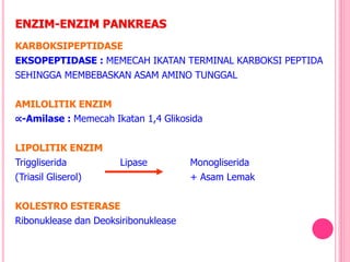 ENZIM-ENZIM PANKREAS
KARBOKSIPEPTIDASE
EKSOPEPTIDASE : MEMECAH IKATAN TERMINAL KARBOKSI PEPTIDA
SEHINGGA MEMBEBASKAN ASAM AMINO TUNGGAL
AMILOLITIK ENZIM
∝-Amilase : Memecah Ikatan 1,4 Glikosida
LIPOLITIK ENZIM
Triggliserida Lipase Monogliserida
(Triasil Gliserol) + Asam Lemak
KOLESTRO ESTERASE
Ribonuklease dan Deoksiribonuklease
 
